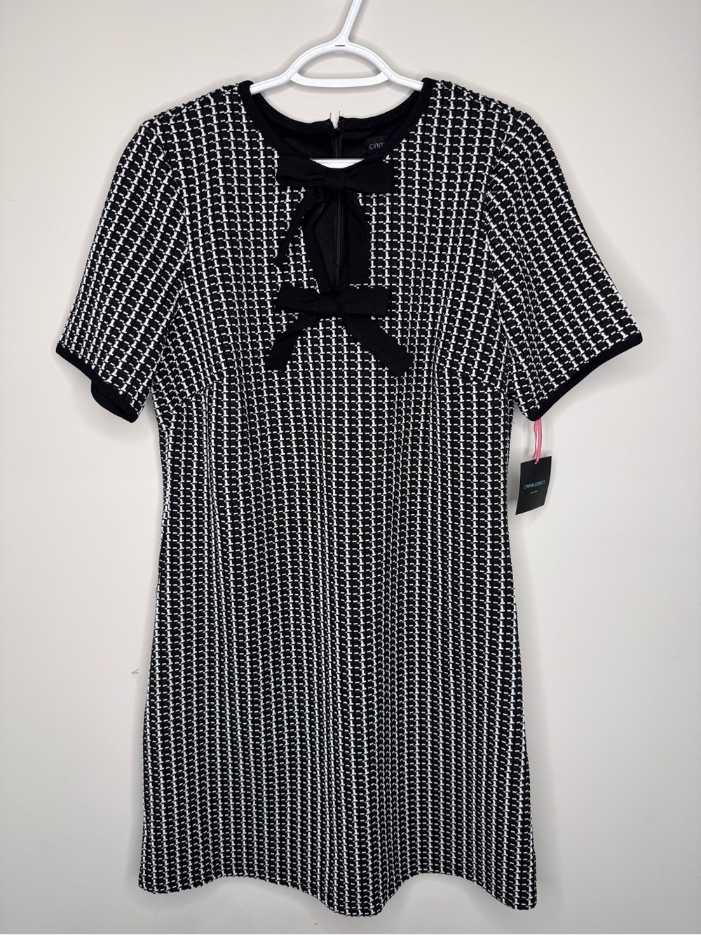 NWT Cynthia Rowley Black White Tweed Knit Double Bow Sheath Dress Stretch Sz L